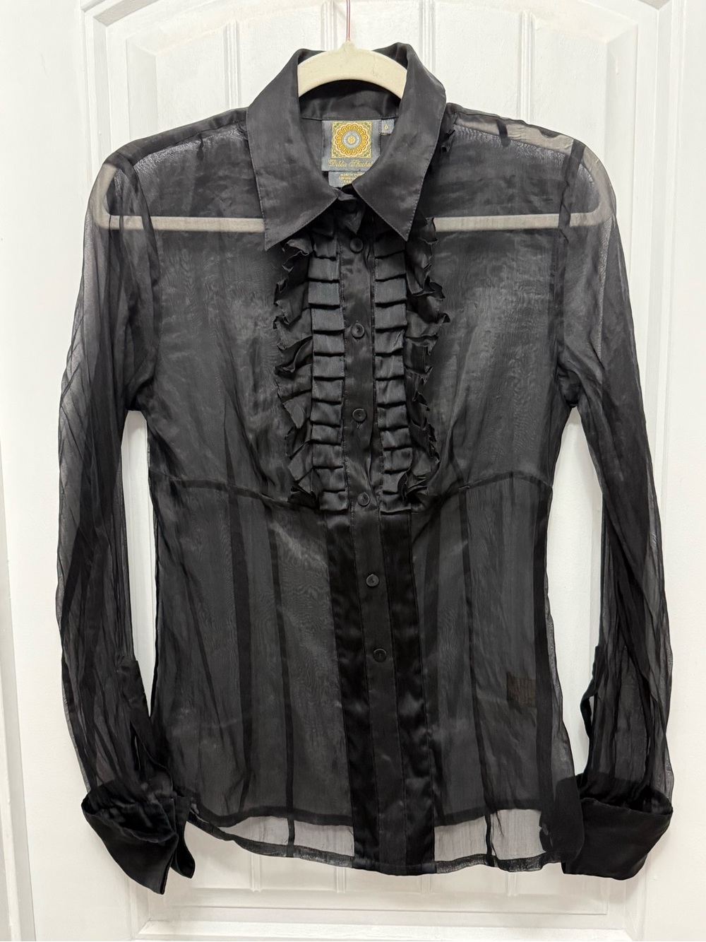 Vintage Debbie Shuchat Black Silk Chiffon Sheer Button Blouse size 6 (15-6)